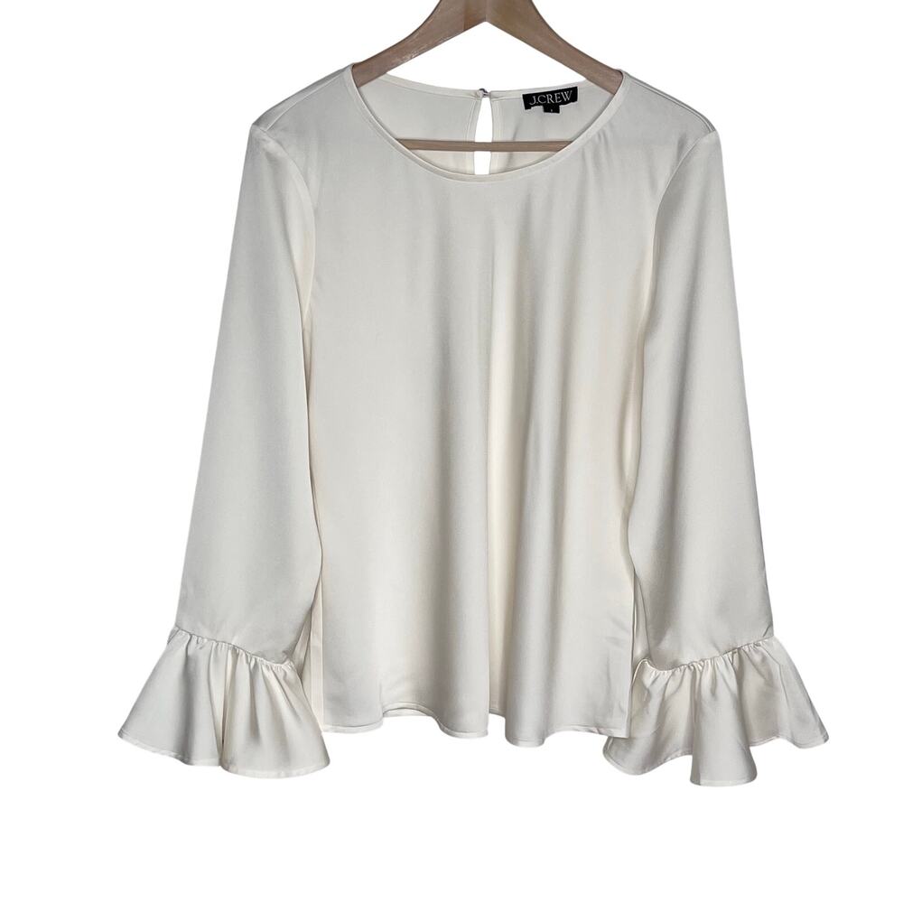 J Crew Womens Large Ivory Bell Sleeve Blouse Ruffle Cuff Keyhole Back Top - Picture 2 of 8